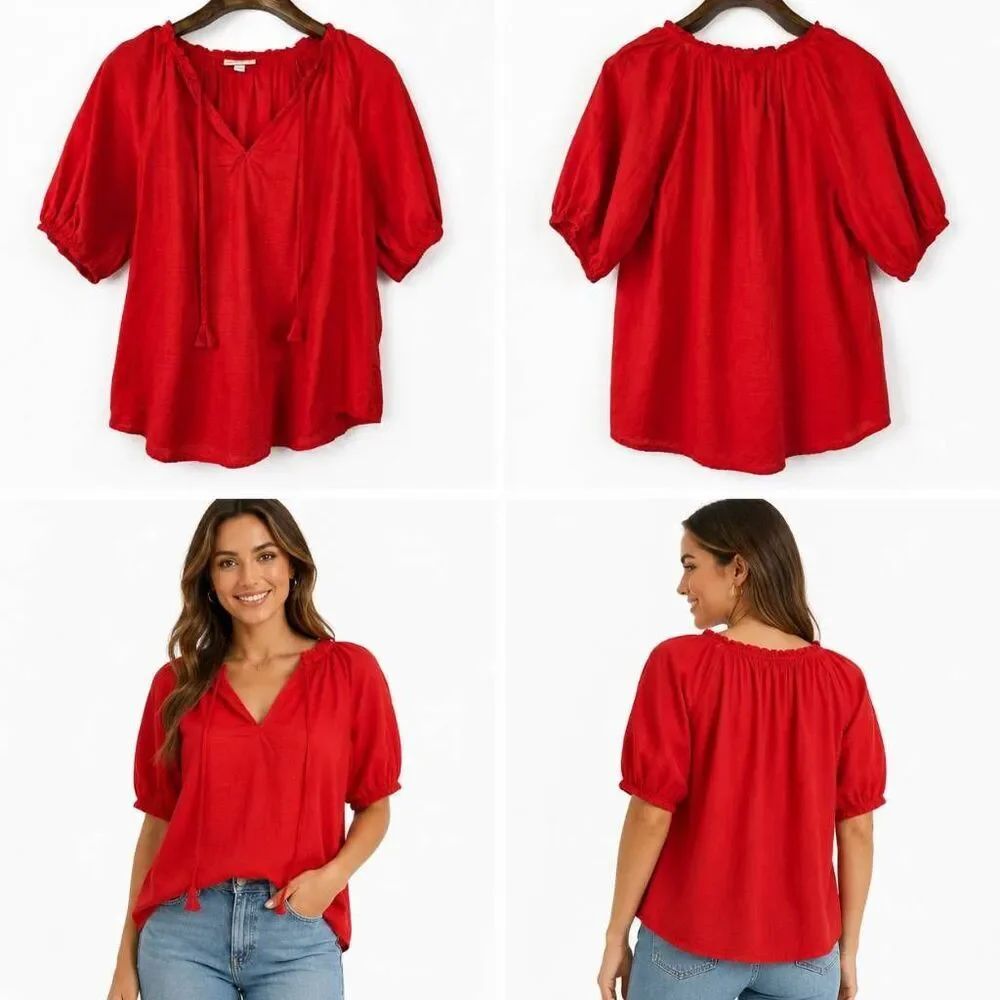 Knox Rose Red Peasant Blouse Cotton Tassel Tie Size S